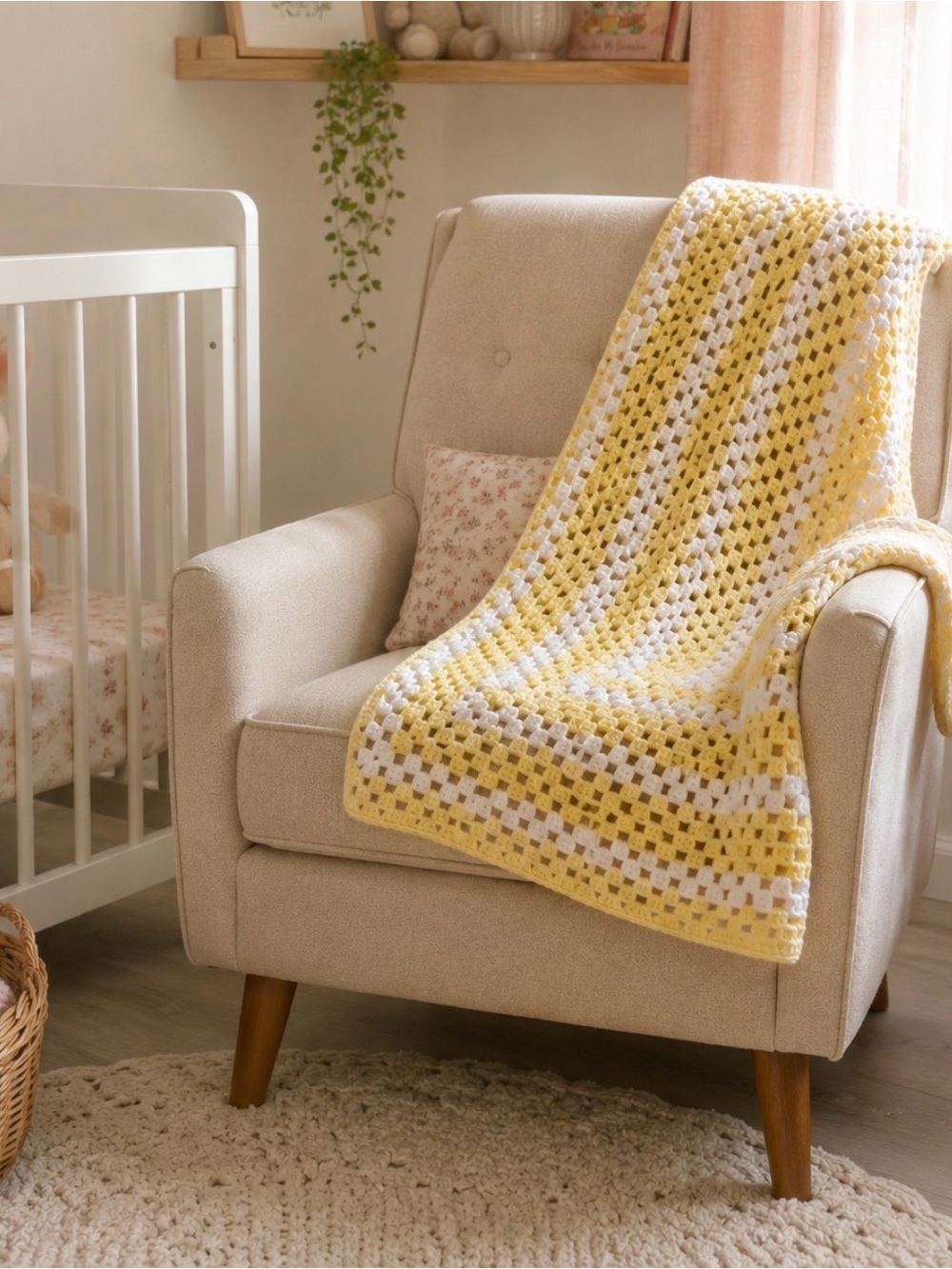 Vintage Hand Crocheted 💛 Yellow & White Baby Blanket Throw 42x35 Granny Square